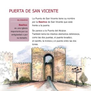 Página con imagen de la puerta a color, glosario en fondo rosa en el margen izquierdo y texto explicativo con el contenido: La Puerta de San Vicente tiene su nombre por la Basílica de San Vicente que está frente a la puerta. Se parece a la Puerta del Alcázar. Etc.