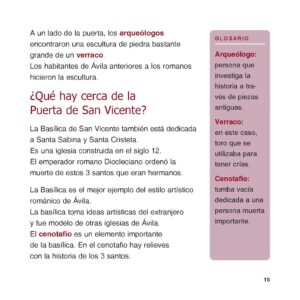 Glosario en el margen derecho con fondo rosa. Texto explicativo general con los títulos en mayor tamaño, letra minúscula y color diferenciado. Las palabras del glosario aparecen reseñadas con otro color dentro del texto general. 